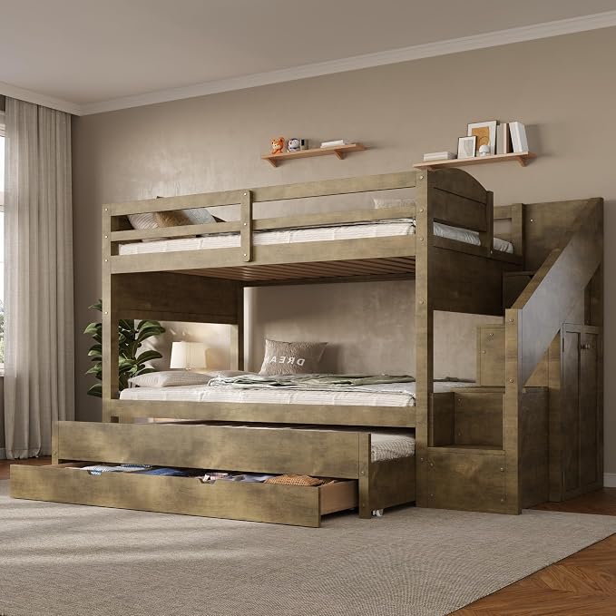 RUNNA Twin XL Bunk Bed with Trundle, Storage Stairs,Kids Bedroom,Walnut | Twin XL bunk bed with trundle, storage stairs, solid wood frame, guardrails, no box spring needed,Walnut, space saving