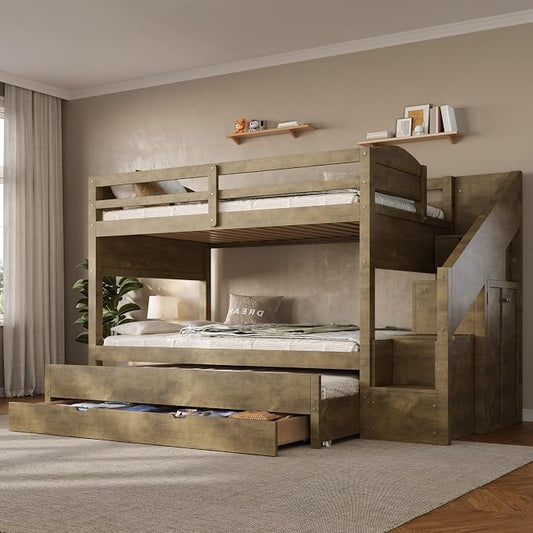 RUNNA Twin XL Bunk Bed with Trundle, Storage Stairs,Kids Bedroom,Walnut | Twin XL bunk bed with trundle, storage stairs, solid wood frame, guardrails, no box spring needed,Walnut, space saving