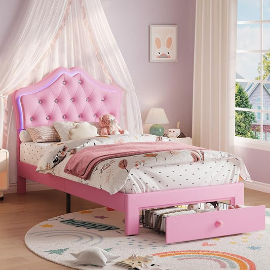 Twin Size Bed Frame for Girls with Storage Drawers & LED Lights, Upholstered Platform Bed, Velvet Crystal Button Princess Bed, Noise-Free Slats, No Box Spring Needed for Kids, Teens, Pink