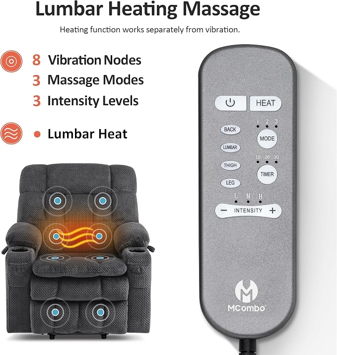 MCombo Small Dual Motor Power Lift Recliner Chair for Petite Elderly, Zero Gravity Lift Chair with Heat and Massage, Infinite Position Lay Flat Recliner, USB Ports, Fabric 7893 (Small, Dark Gray)