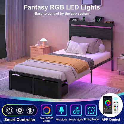 Twin Bed Frames with Drawers, Platform Bed with LED Lights & Charging Station, Wood Headboard, Strong Metal Slats Support, No Box Spring Needed, Noise Free, Easy Assembly