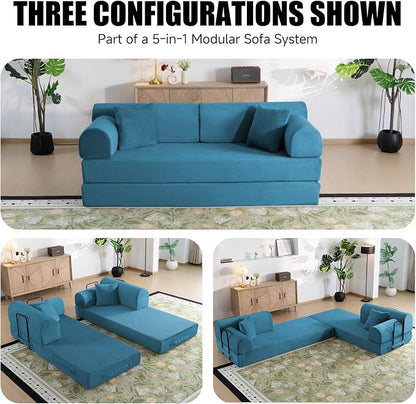 78.8" Memory Foam Boneless Couch, Corduroy Floor Sofa Bed, Convertible Sleeper Futon Loveseat, Wide Armrests & Back Support, Supports Up to 1200 lbs, Couch in a Box with 2 Pillows, Ocean Blue