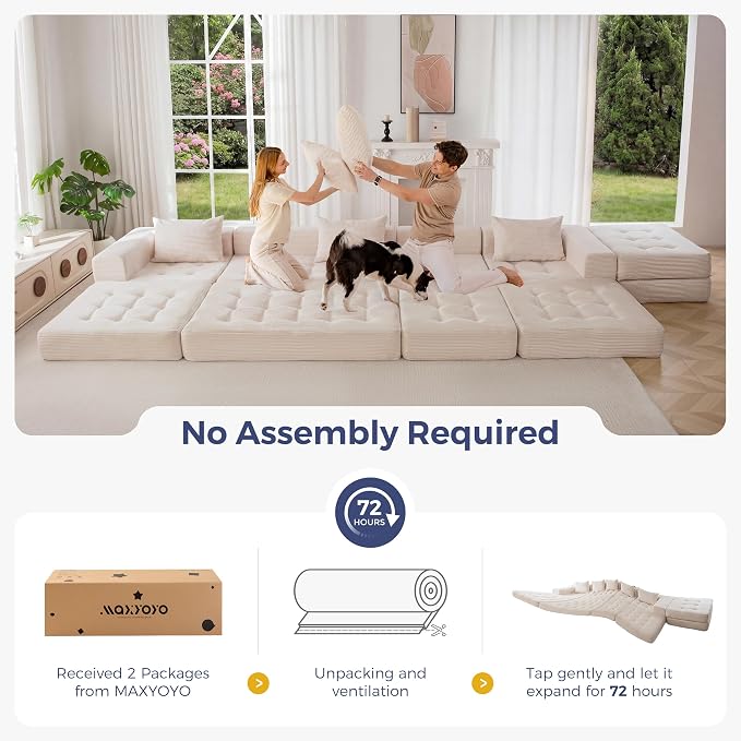 MAXYOYO Modular Sectional Sofa Couch, Foldable U Shaped Cloud Couch with Pillows, Tufted 6-Seat Boneless Lounger Sofa for Living Room, No Assembly Required, Beige