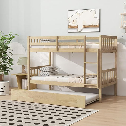 Merax Twin-Over-Twin Bunk Bed with Movable Trundle, Solid Wood Detachable Bunk Bed with Safety Guardrial and Ladder, Can be Converted Into 3 Separate Beds(Natural)
