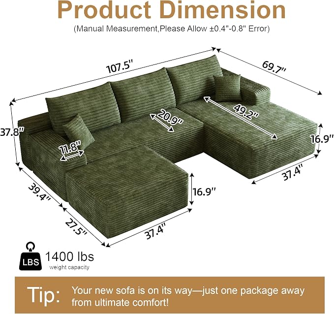 AUGOP 108" Sectional Couches for Living Room Modern Modular Sofa with L-Shape Couchs Upholstered Boneless Couch Deep Seat Sectional Couch with Chaise (Green, Right Facing Chaise+2Seaters+1Ottoman)