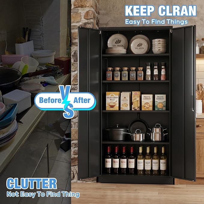 SUXXAN Metal Storage Cabinet with Doors and Shelves, 71" H Locking Steel Garage Cabinet for Home Office Studio Pantry,Tall Tool File Cabinet Black, Assembly Require