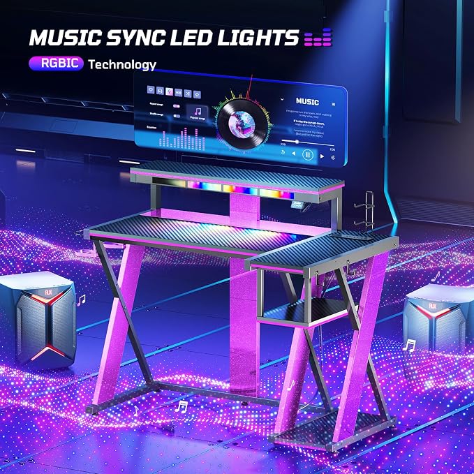 Bestier Computer Desk with Music Sync Light, Flow Vibe Corner Gaming Desk with Monitor Stand and PS5 Storage Shelves, Cup Holders, and Headset Hooks for Bedroom Small Space (Black Purple, 42 Inch)