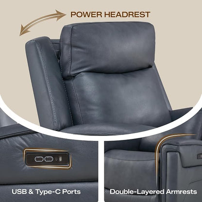 Watson & Whitely Super Zero Gravity Power Recliner Chair with Power Headrest, Genuine Leather Recliner with USB & Type-C Ports, Electric Reclining Sofa Chair for Living Room, Bedroom, Navy Blue