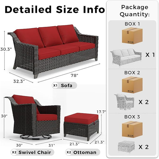 6 Pieces Patio Conversation Furniture Set - 1 Sofa, 2 Swivel Chairs, 2 Ottomans, 1 Side Table, Outdoor Wicker Furniture with Removable Cushions for Porch, Balcony, Sunroom (Red)