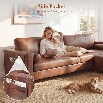 Vesgantti 100" PU Faux Leather Couch with Movable Ottoman, Large 3 Seater L Shaped Leather Sectional Sofa with Side Pocket, Comfy Mid Century Modern Modular Sofa for Living Room, Apartment, Cocoa
