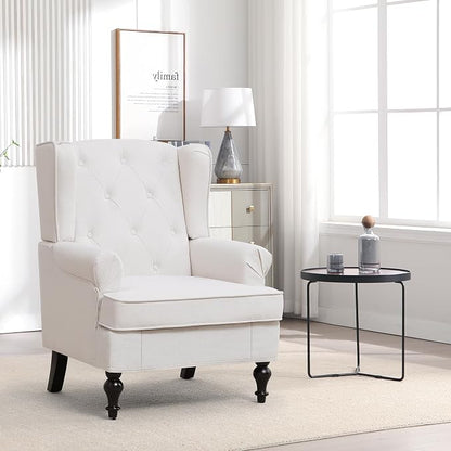 Accent Chair for Living Room, Mid Century Modern Upholstered Armchair, Wingback Chair with Tufted High Back and Solid Legs, Comfy Side Chairs Single Sofa for Bedroom, Beige