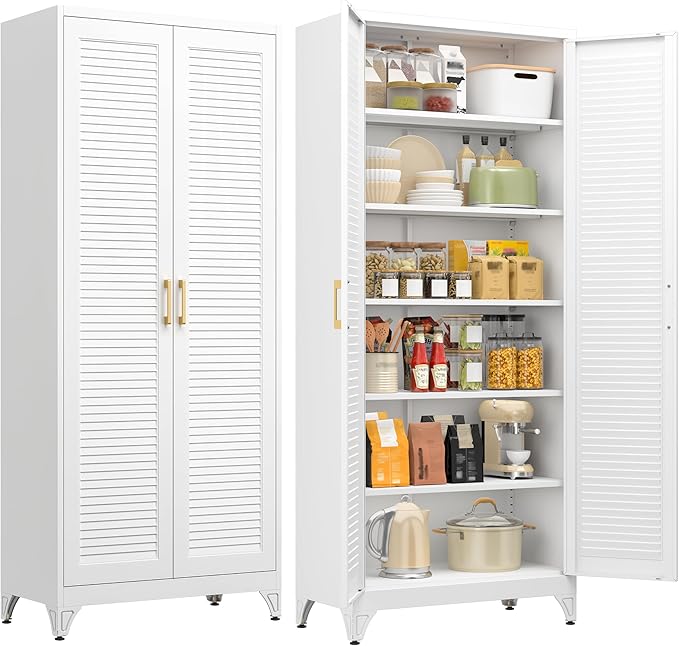 75" Metal Storage Cabinet with 5 Adjustable Shelves, White & Gold Tall Pantry Cabinet with Doors, 180 lbs Load Per Shelf, Heavy Duty Steel Organizer for Kitchen, Nursery,Garage