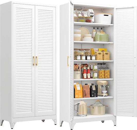 75" Metal Storage Cabinet with 5 Adjustable Shelves, White & Gold Tall Pantry Cabinet with Doors, 180 lbs Load Per Shelf, Heavy Duty Steel Organizer for Kitchen, Nursery,Garage