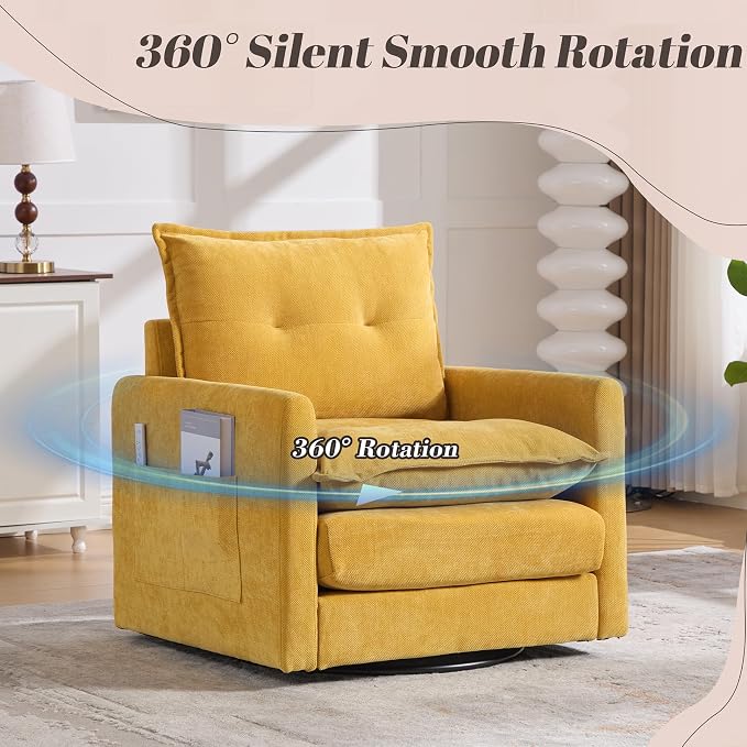 Swivel Accent Chair, Modern Swivel Barrel Chair for Living Room, 360 Degree Comfy Square Accent Barrel Chair, Upholstered Sofa Armchair for Bedroom,Reading, Chenille, Mustard Yellow