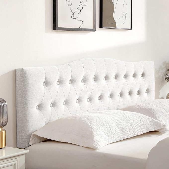 Tufted Headboard Queen Size, Solid Wood Adjustable Height Head Board, White | Upholstered Queen Headboard Only with Durable Solid Wood Legs, Adjustable Height 37-51 in, Fabric Button Diamond HeadBoards