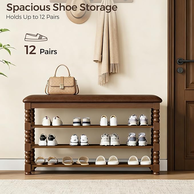 Homleke 3-Tier Solid Wood Shoe Rack Bench with Classic Turned Ball Legs | Tall Entryway Bench with Leather Seat, Holds Up to 12 Pairs, for Hallway, Bedroom and Closet, Walnut, 39.4 Inch