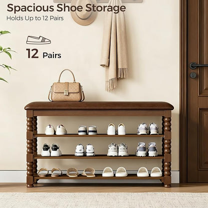 Homleke 3-Tier Solid Wood Shoe Rack Bench with Classic Turned Ball Legs | Tall Entryway Bench with Leather Seat, Holds Up to 12 Pairs, for Hallway, Bedroom and Closet, Walnut, 39.4 Inch