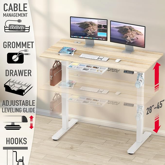 SHW 55 x 28 Inches Electric Height Adjustable Standing Desk with Drawer and Memory Preset, Maple