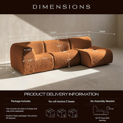 106" Curved Sectional Sofa with Chaise, Boneless 3 Seater Modular Couch, Reversible L-Shaped Couches with High-Density Foam, Modern Lounge Comfort Sherpa Sofas for Living Room – No Assembly, Brown