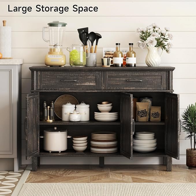 48 Inches Buffet Cabinet with Storage, Farmhouse Sideboard Buffet w/2 Drawers and 3 Doors, Wood Coffee Bar Cabinet with Adjustable Shelves, Sideboard Storage for Kitchen, Living Room, Rustic Brown