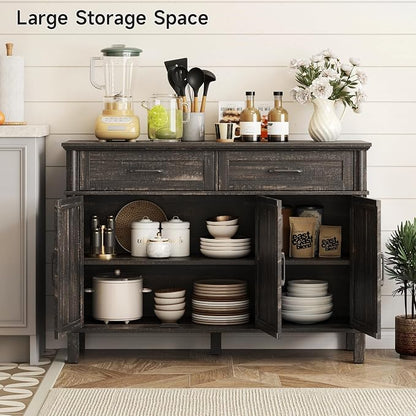 48 Inches Buffet Cabinet with Storage, Farmhouse Sideboard Buffet w/2 Drawers and 3 Doors, Wood Coffee Bar Cabinet with Adjustable Shelves, Sideboard Storage for Kitchen, Living Room, Rustic Brown