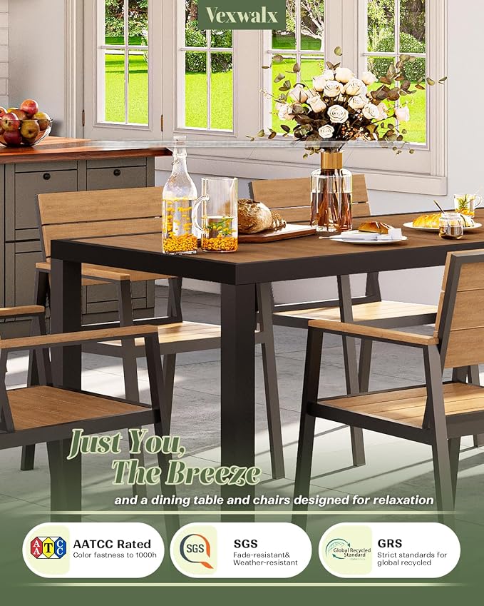 Vexwalx 67" HDPS Outdoor Patio Dining Table, Aluminum-Edged Outdoor Dining Table with Umbrella Hole, Weather-Resistant for Lawn, Garden, Poolside and Indoor Use, Gray&Teak