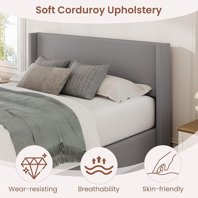 Garvee Full Lift Up Storage Bed Frame, Corduroy Upholstered Platform Bed with Gas Lift, Padded Headboard, Wooden Slat Support, No Box Spring Needed, Easy Assembly, Taupe Grey