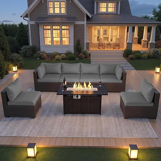 LAFWELL 8-Piece Wicker Patio Conversation Set with 44" Propane Fire Pit Table, Cozy Outdoor Sectional Sofa for Backyard Gatherings, Poolside Lounging & Garden Parties