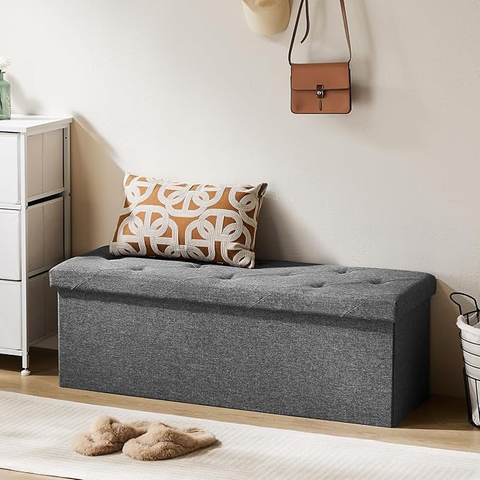 DUMOS 43 Inch Folding Storage Ottoman Bench, Spacious Hidden Organizer with Foam Cushioned Top, End of Bed Foot Rest Stool for Bedroom Living Room Entryway, Supports Up to 660 LBS, Linen Fabric, Gray
