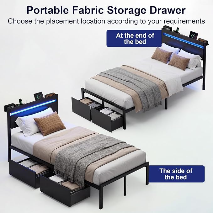 Twin Bed Frames with Drawers, Platform Bed with LED Lights & Charging Station, Wood Headboard, Strong Metal Slats Support, No Box Spring Needed, Noise Free, Easy Assembly