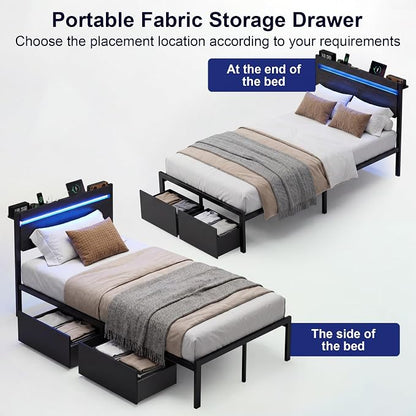 Twin Bed Frames with Drawers, Platform Bed with LED Lights & Charging Station, Wood Headboard, Strong Metal Slats Support, No Box Spring Needed, Noise Free, Easy Assembly
