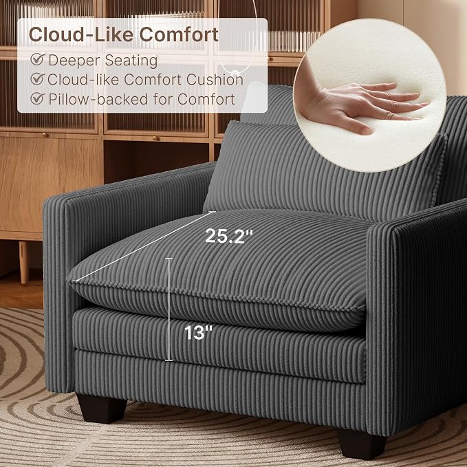 Gizoon Cloud Accent Chair with Washable Cover, Corduroy Single Sofa Chair with Comfy Deep Seat, Modern Armchair with Pillow for Living Room Bedroom, Gray