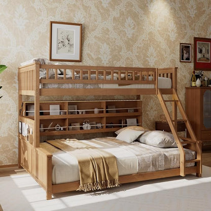 Twin XL Over Queen Bunk Bed, Wood Bunk Bed with Integrated Shelving, Color-Changing Lights and Pegboard for Kids Teens Adults, Brown