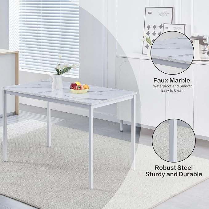 47 Inches White Faux Marble Dining Table for 2-4 People, Modern Rectangular Kitchen Table for Dinner Table for Dinner（MDF Top with Metal Legs and Frame