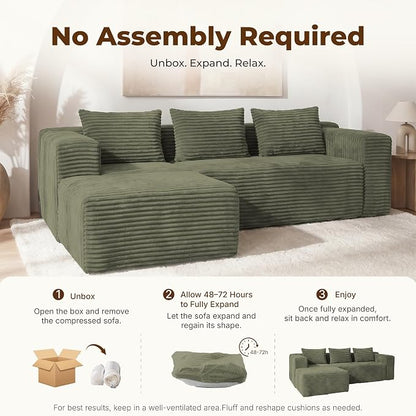 Modular Sectional L-Shaped Sofa with Deep Seat, Modern Boneless Comfy Corduroy Fluffy Couch with Side Pockets and Anti-Slip & Floor-Friendly Bottom for Living Room, No Assembly, Green