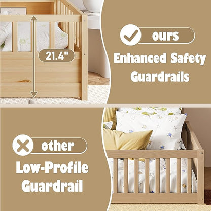 Bellemave Twin Size Montessori Floor Bed with Bookcase, Twin Floor Bed with High Fence and Storage Shelves, Easy Assemble Montessori Beds Frame for Girls, Boys, Natural