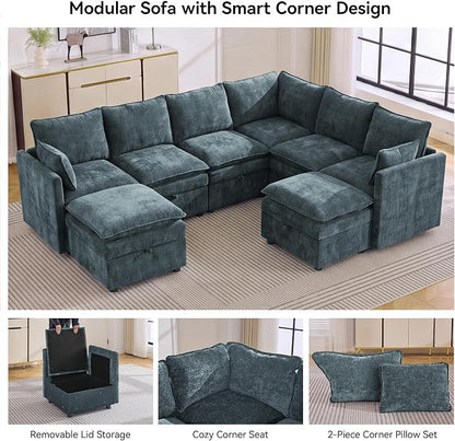 105" Blue Modular Storage Sofa, U Shaped Chenille Couch with 2 Ottomans | Oversized Convertible Sectional Sofa, 6-Seat Sectional Couch With 2 Ottomans, Large Cloud Couch For Living Room, Apartment.
