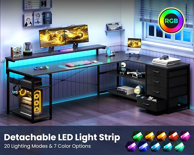AODK 69" L Shaped Desk with Drawer, Computer Desk with Power Outlets & LED Lights, Reversible Corner Gaming Desks for Home Office Workstation, Office Table with Monitor Shelf, Black