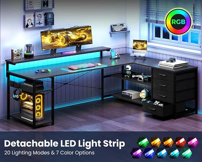 AODK 69" L Shaped Desk with Drawer, Computer Desk with Power Outlets & LED Lights, Reversible Corner Gaming Desks for Home Office Workstation, Office Table with Monitor Shelf, Black
