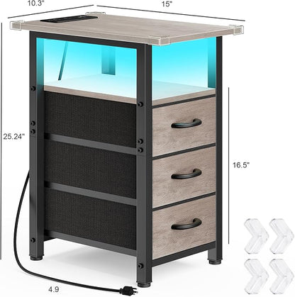 Vagusicc Nightstand with Charging Station and LED Lights, Narrow End Table, LED Night Stand with 3 Fabric Drawers for Bedroom, Small Side Table for Small Spaces, Greige