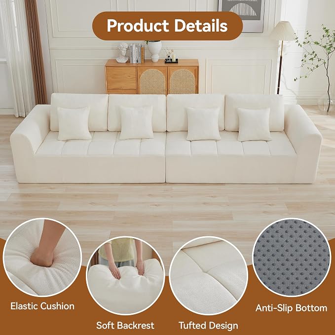 140''Modular Sectional Couches for Living Room, Cloud Boneless Compressed Sectional Sofa, Oversized 4 Seater Upholstered Memory Foam Sofa, No Assembly, Chenille Beige
