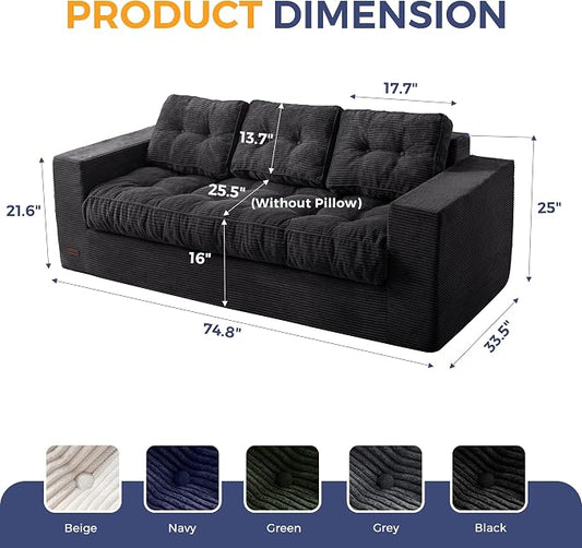 MAXYOYO Oversized Loveseat Sofa Couch, Upholstered Bean Bag Chair Cloud 3-Seat for Adults, Boneless Couch with Tufted Cushion & Pillows, Sofa in A Box, No Assembly Required, Black