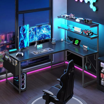 DurayLoly L Shaped Gaming Desk with No Side Bar Shelf for Small Space,Black | Open-Side Storage Rack with Printer Space and Hooks, Neat Arrangement & High Space Utilization