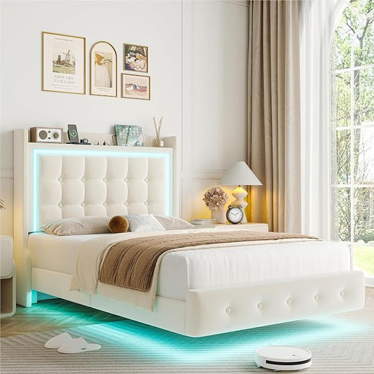 Keyluv Twin Floating Bed Frame with Storage Headboard, LED Lights & Charging Station Platform Bed, Soft Upholstered Velvet, USB/Type-C Ports, Easy Assembly, Beige