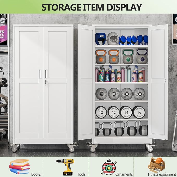 Metal Garage Storage Cabinet, 74”Tall Rolling Utility Cabinet White | storage system with Wheels, Lock, 5 Adjustable Shelves, Heavy Duty Steel Tool Locker for Home Office, Utility Room, Gym