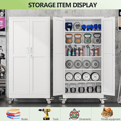 Metal Garage Storage Cabinet, 74”Tall Rolling Utility Cabinet White | storage system with Wheels, Lock, 5 Adjustable Shelves, Heavy Duty Steel Tool Locker for Home Office, Utility Room, Gym