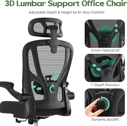 Office Chair Ergonomic Desk Chair - Mesh High Back Office Chair with Headrests Wheels Lumbar Support Home Desk Office Chairs Flip up Armrest Executive Rolling Computer Chair Black 2 Pack