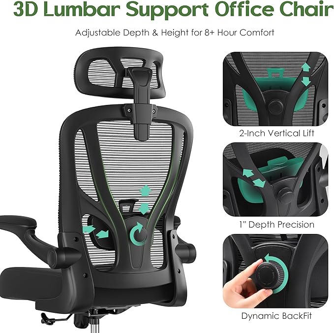 Office Chair Ergonomic Desk Chair - Mesh High Back Office Chair with Headrests Wheels Lumbar Support Home Desk Office Chairs Flip up Armrest Executive Rolling Computer Chair Black 4 Pack