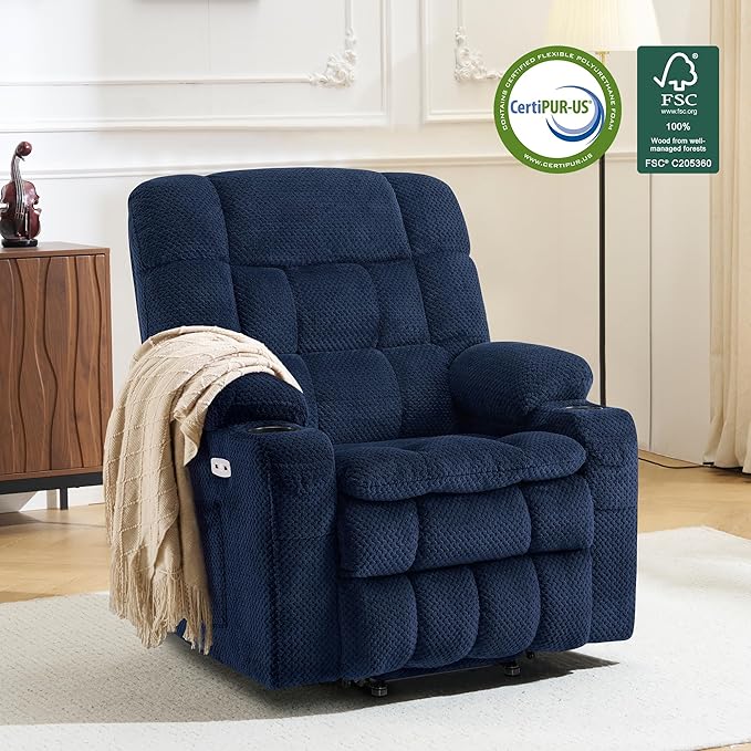 MCombo Small Dual Motor Power Lift Recliner Chair for Petite Elderly, Zero Gravity Lift Chair with Heat and Massage, Infinite Position Lay Flat Recliner, USB Ports, Fabric 7893 (Small, Navy Blue)