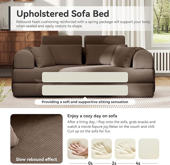 Upgrade High Backrest Design Sofa Bed with Fixed-Shape Frame & Removable Armrests and Backrest, Corduroy Fabric, Convertible Mattress Couch for Small Spaces - No Assembly Needed (Brown)